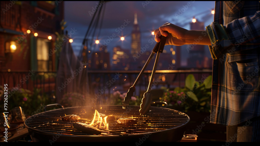 Hand holding tongs near a grill on a rooftop 