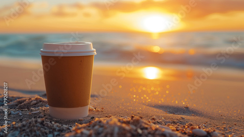 A peaceful sunrise scene with a paper coffee cup on a sandy beach  reflecting the morning sun over the ocean.