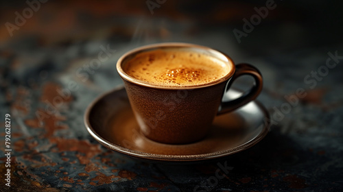 A freshly brewed espresso coffee in an elegant brown cup and saucer on a dark rustic background.