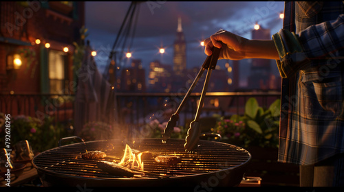 Hand holding tongs near a grill on a rooftop  photo