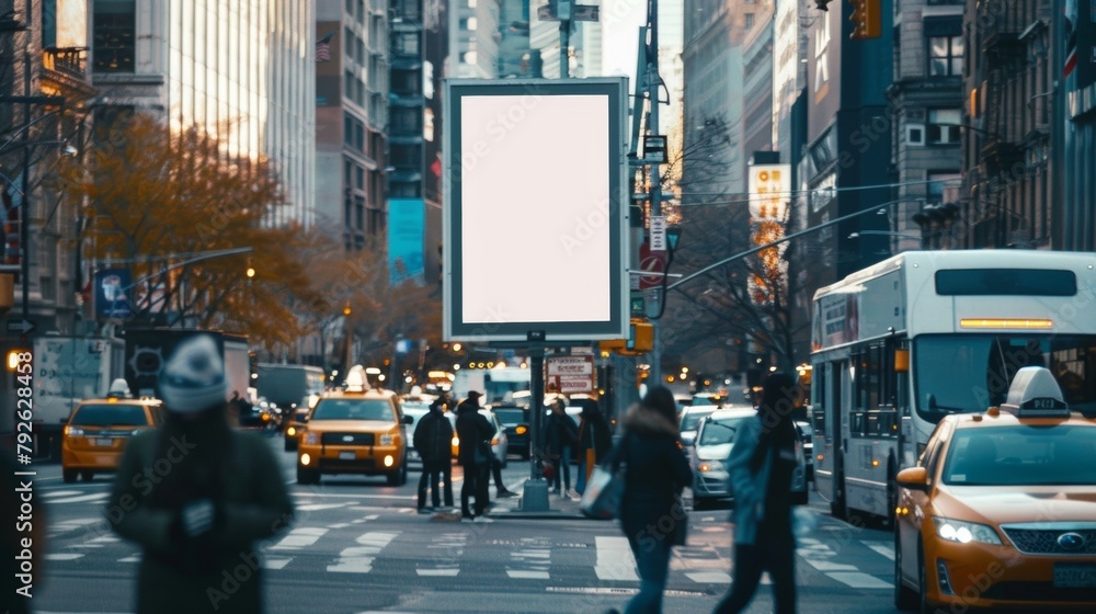 Blank mockup of a billboard on a busy city street during rush hour. . Blank mockup of a billboard on a busy city street during rush hour. .