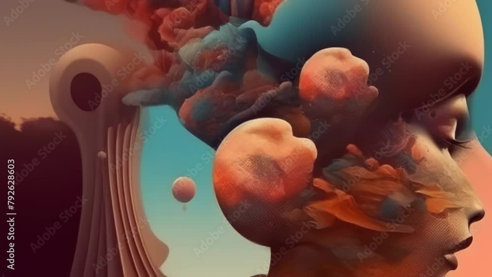 Surrealism, female head and abstraction animation