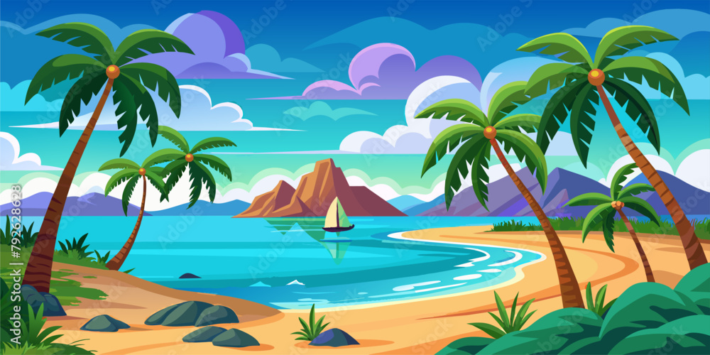 Beach with palm trees, vector illustration. Based on AI generative image.