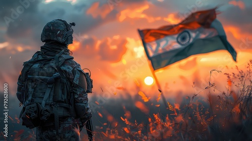 An Indian army soldier with waving Indian flag in background - concept of independence or repubilc day celebration, patriotisms and freedom