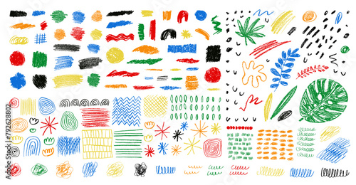 Childish vector charcoal scribble textures. Vector hand-drawn set. Chalk crosshatch textured doodle shapes. Oil pastel smears, scrawls, scratches. Kids crayon drawings on white photo