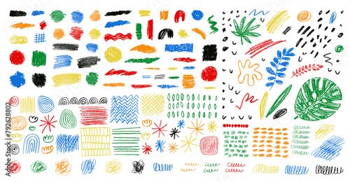 Childish vector charcoal scribble textures. Vector hand-drawn set. Chalk crosshatch textured doodle shapes. Oil pastel smears, scrawls, scratches. Kids crayon drawings on white