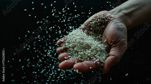 Handful rice on a black background. 