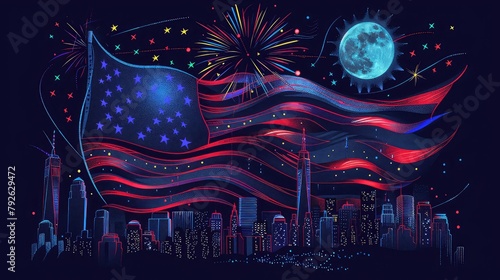 AI generated celebratory fireworks on background of American flag at USA independence day