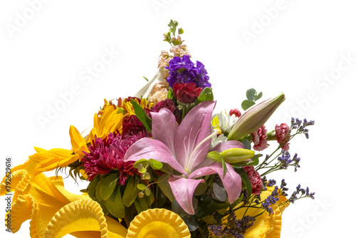 A bouquet of flowers, with different and colorful types of flowers. Isolated on a white background.