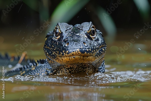 Asian Water Monitor: Swimming in a river with sleek body and powerful tail, showcasing adaptation