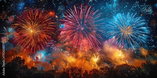 Amazing real beautiful colorful fireworks background on celebration night event for happy new year party, Abstract Multi color golden firework in the night sky