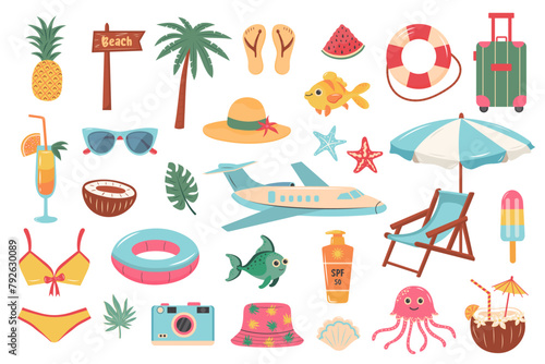 Summer beach travel set. Cute cartoon stickers collection. Summer holiday, beach rest, vacation concept.