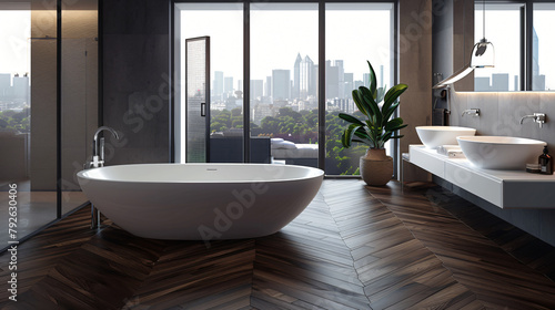 Modern bathroom interior with dark brown parquet floor