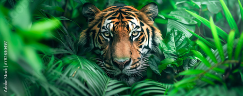 Close-up view of tiger in green forest. Wild animals concept. © LeManna