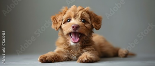 Cute red Labradoodle puppy lying sideways gazing at camera with mouth open. Concept That sounds like a adorable photo! Here are some topics for the description, Cute Puppy, Labradoodle Breed photo