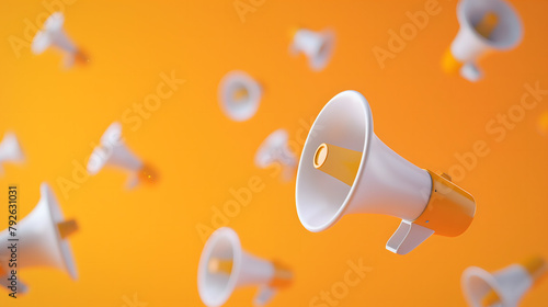 Multiple white megaphones with golden details floating effortlessly against a vibrant orange backdrop.
 photo