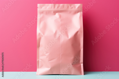 paper bag mockup on blue and pink background with copy space. Packaging of gifts, products for sale, food. No label, with empty text field