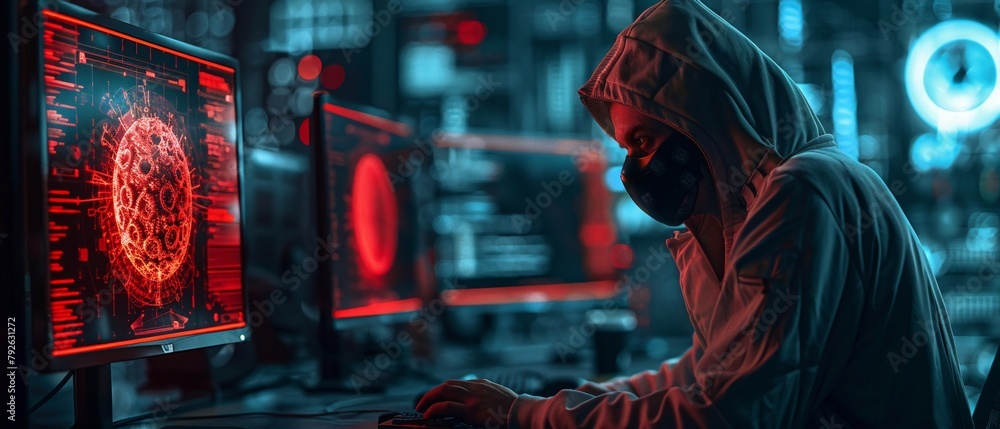 A 3D depiction photo of a cyberpunk with an antivirus theme, clean design, focus on main subject, copy space A 3D depiction photo of a cyberpunk with an antivirus theme, clean design, focus on main subject, copy space
