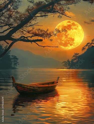 The yellow moon is shining brightly, and theres an ancient boat on the calm lake under it photo