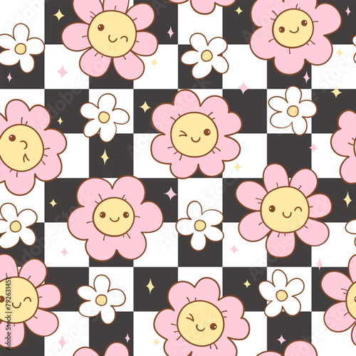 Draw retro checkered flowers seamless pattern Digital paper © anchalee