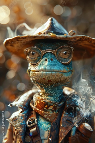 3D animation Rango, a desert lizard, wears dark glasses, a cowboy hat, and a sheriffs uniform and a big cigar photo