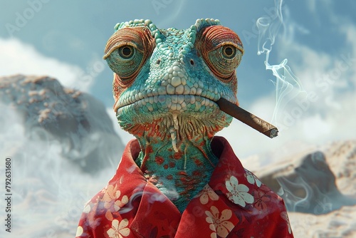 3D Animation Rango the Desert Chameleon Wear a red shirt with a flower pattern and cigar smoke  photo