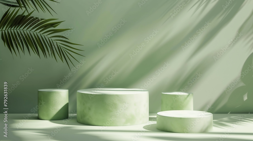 Empty green or pistachio podium mockup. background with round platforms or pedestals for natural cosmetic products presentation in studio with shadow of palm leaf on the wall Empty green or pistachio podium mockup. background with round platforms or pedestals for natural cosmetic products presentation in studio with shadow of palm leaf on the wall
