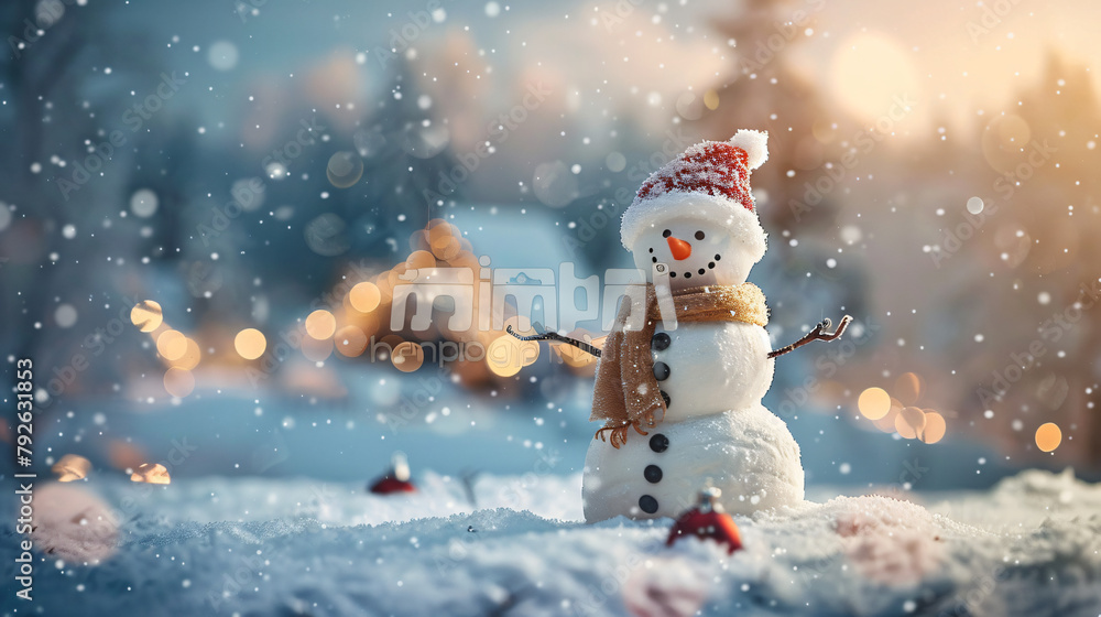 Happy snowman standing in christmas landscape