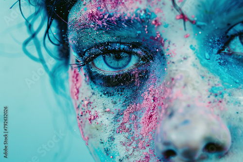 Close-Up of Woman's Face With Blue and Pink Makeup and glitter. Generative AI photo
