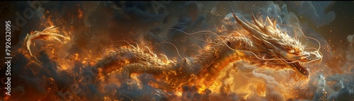 A golden dragon, intricately designed with detailed scales and fearsome features, emerging from flames within a dark photo