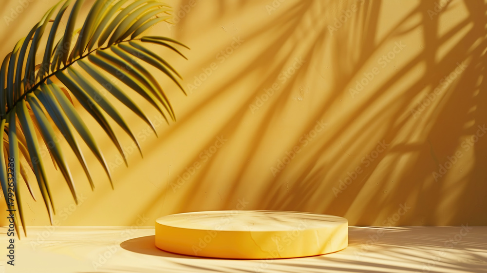 Empty yellow podium mockup with palm leaves shadow on wall. background for cosmetics presentation, event, and exhibition. Professional, sleek, and eye-catching design with round stands Empty yellow podium mockup with palm leaves shadow on wall. background for cosmetics presentation, event, and exhibition. Professional, sleek, and eye-catching design with round stands