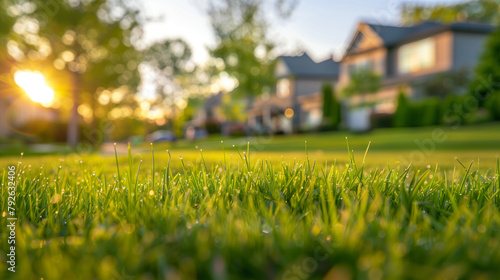 Outdoor green grass lawn with residential background, landscaping design, close up view with natural morning sunlight