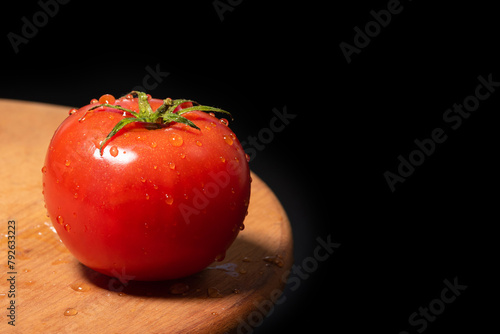 Ripe tomato on a wooden board isolated against black background.