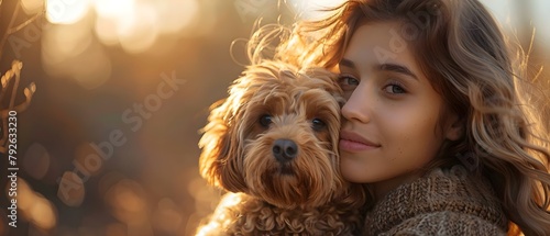 Woman expresses love for labradoodle terrier outdoors through a photo shoot. Concept Outdoor Photoshoot, Love for Pets, Labradoodle Terrier, Lifestyle Portraits, Joyful Moments