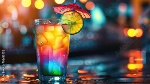 A vibrant cocktail in a glass with ice, lime, and colorful lights in the background.