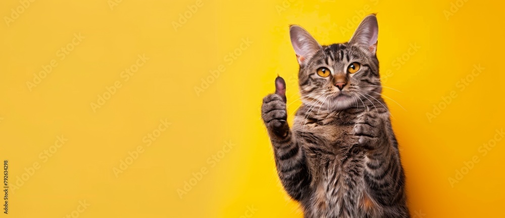 Cute cat showing thumbs up on yellow background with copy space