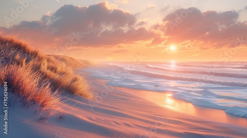 Sunrise on textured coastal dunes  birdseye ethereal light   3D render