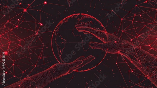 Globe, a schematic representation of the meridians and parallels and two holding, protecting hands from futuristic polygonal red lines AI generated photo