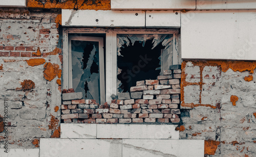 empty windows of a damaged house in Ukraine photo