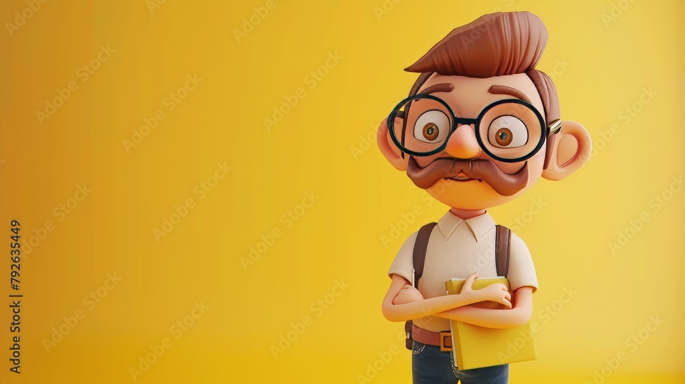 Male teacher on yellow background in 3D style cute cartoon. Copy space