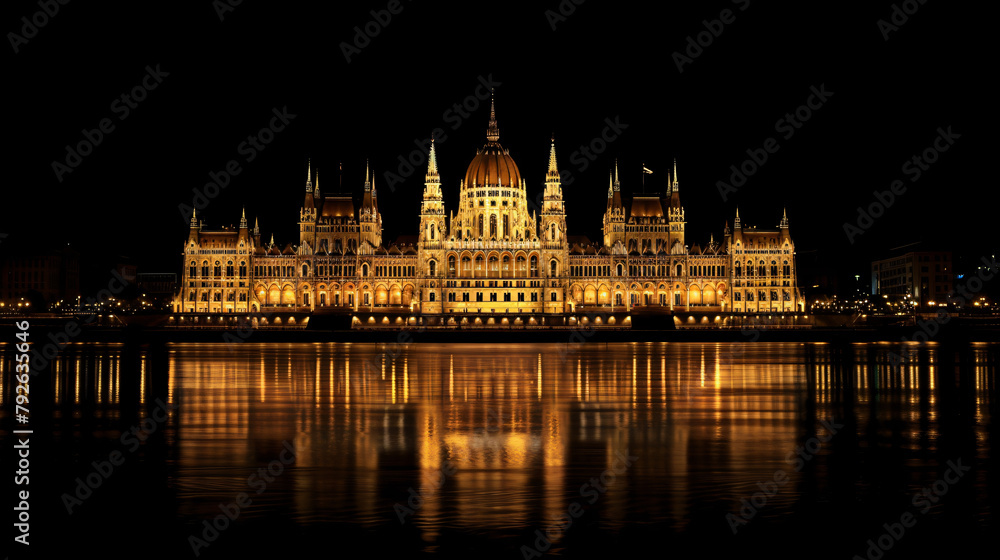 Hungarian Parliament Building in Budapest night view .