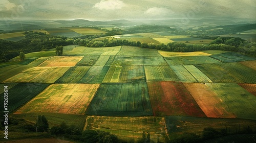 Patchwork farmland, aerial dynamic textures, seasonal colors , hyper detailed photo