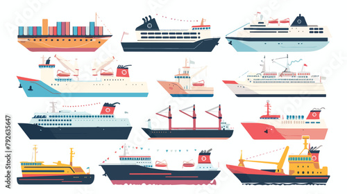 Set of cargo and passenger ships. Vector flat style illustration