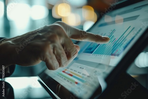 Cropped view of person's hand pointing at financial information on digital tablet during presentation