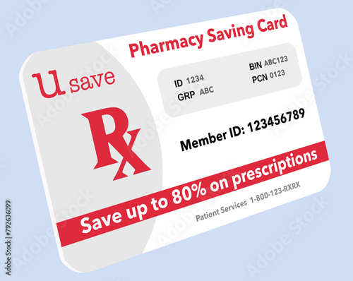 A generic, mock pharmacy saving card is seen in this 3-d illustration about saving money on prescription drugs with this coupon.. © Rob Goebel