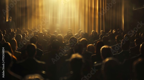 Silhouetted audience watching a presentation in a dark auditorium with golden stage lights. © tashechka