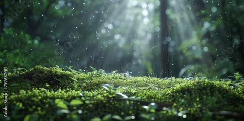 Rain drops on young plants in the forest, moss and grass, sun rays shining through trees