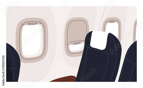 View of plane cabin window view, skyscape at vacation journey by airliner, airplane cabin during air flight, trip landscape, airplane interior with seats flat vector illustration.