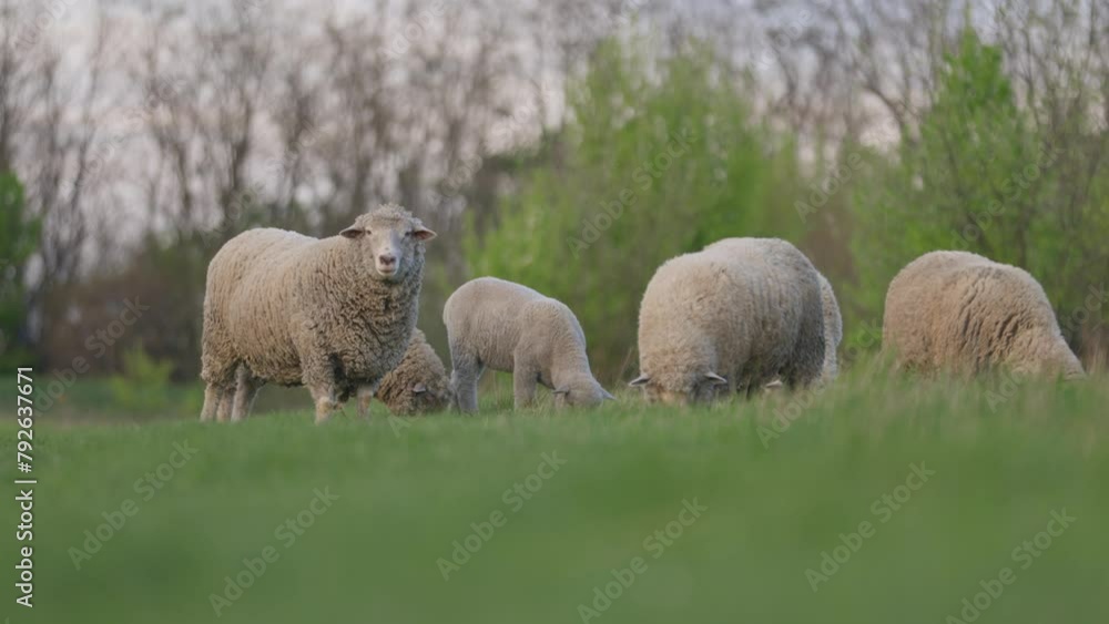 Sheep Graze in Meadow with Green Grass. Livestock on Farm in Countryside Sheep Graze in Meadow with Green Grass. Livestock on Farm in Countryside