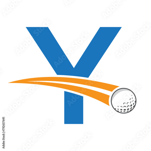 Golf Logo On Letter Y Concept With Moving Golf ball Symbol. Hockey Sign